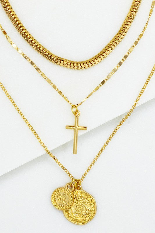 Ciara Trio Layer Chain With Cross And Coin Charm