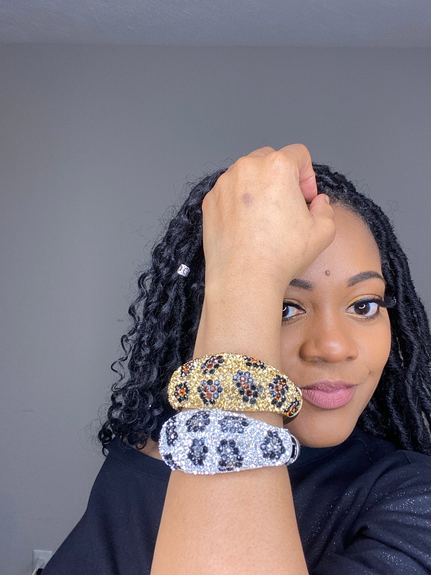 Leopard Spot Print Crystal Pave Gold Bangle