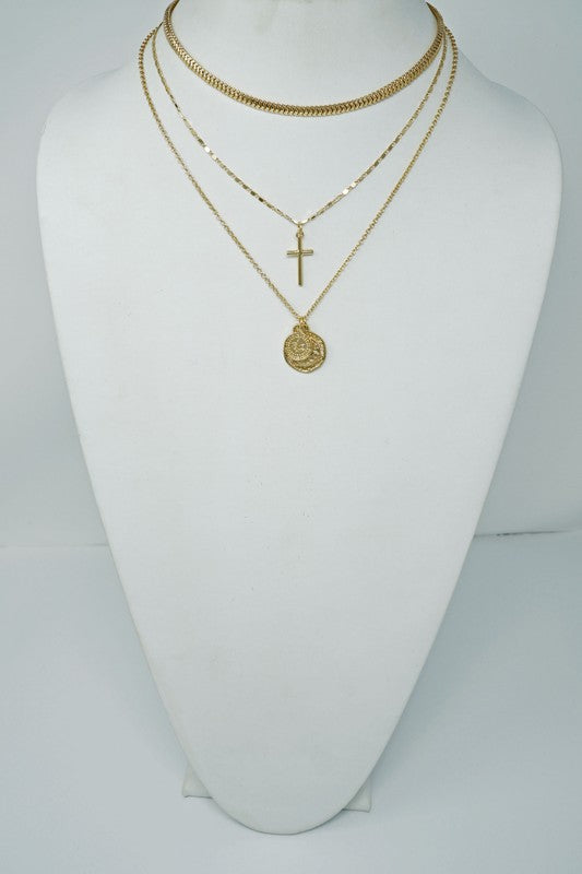 Ciara Trio Layer Chain With Cross And Coin Charm